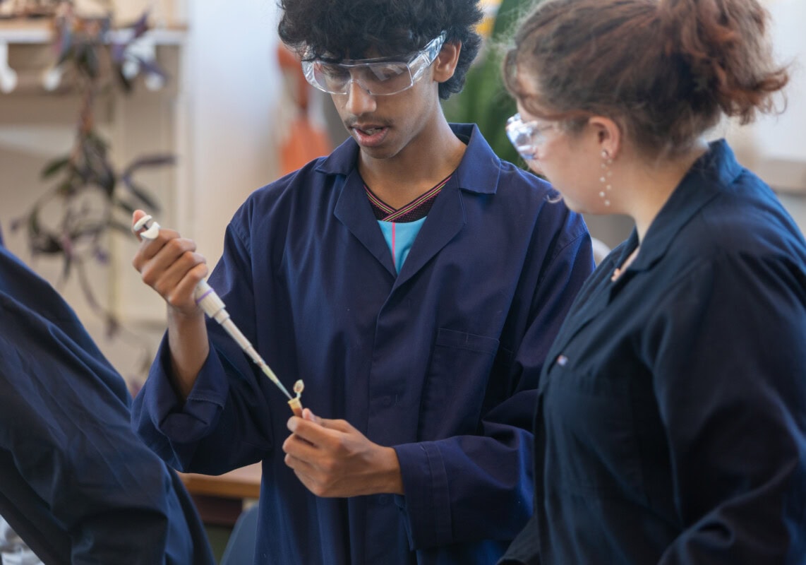 boy and girl in blue lab costs doing an experiment