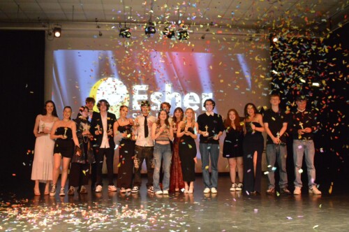 Esher College Oscars ceremony student winners onstage with confetti
