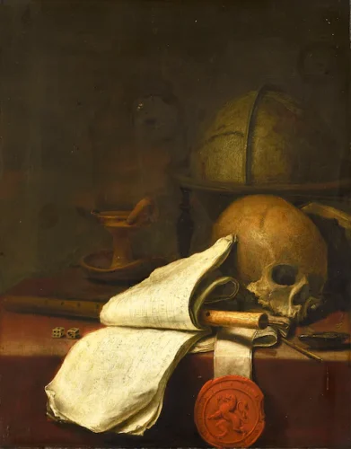 Painting of a writers table with a skull and globe