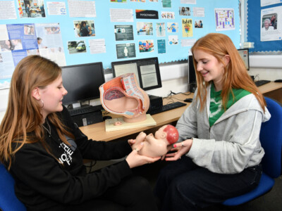 Two Heath & Social care students with a model of a baby in the womb