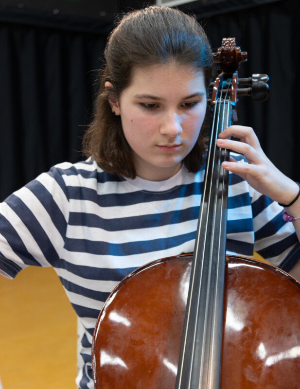 female cello player in a stripey black and white top