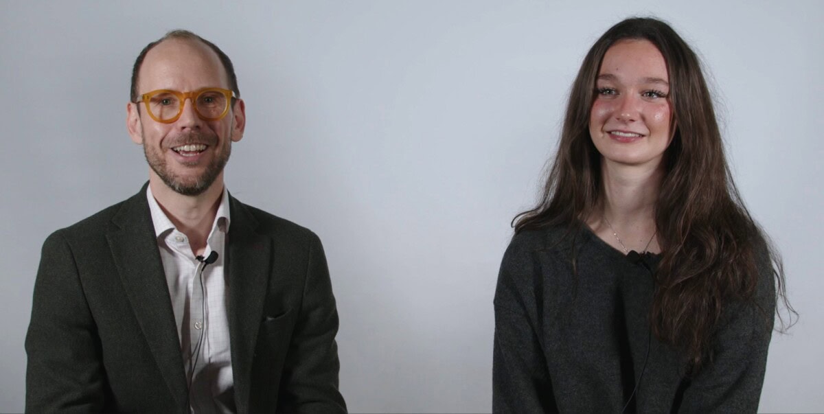 Tom Bass and Student veing interveiwed about Human Biology for a course FAQ Video