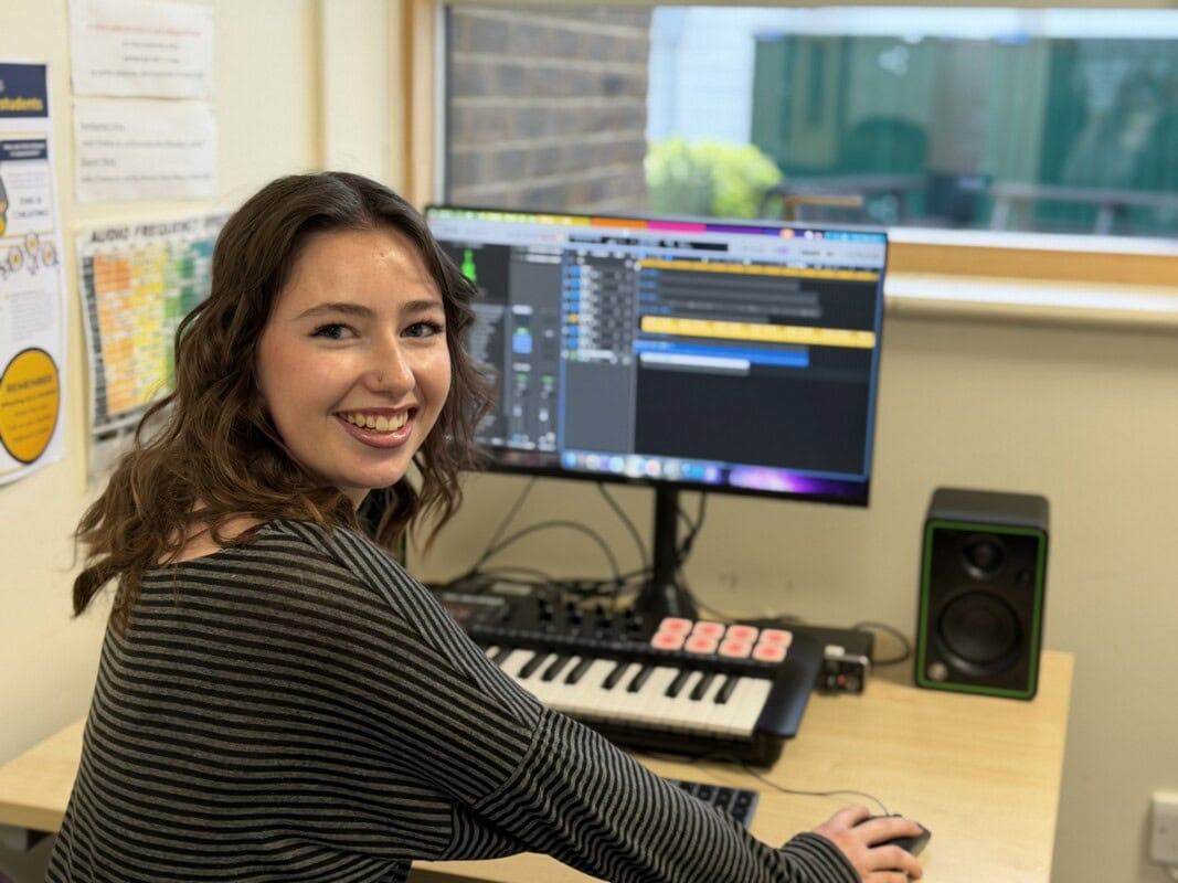 Music student Josie working on Logic software at the computer
