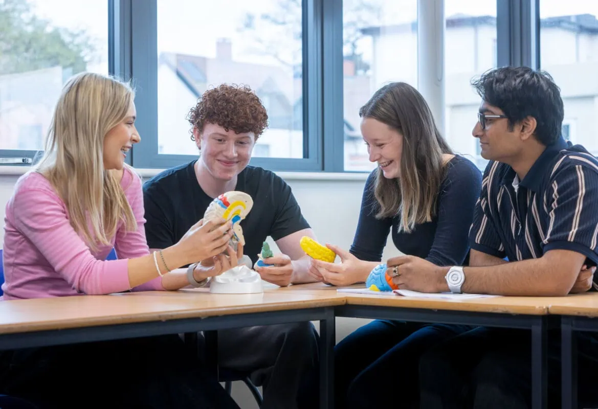 Four students sit at a desk in a psychology lesson discussing a model of a brain