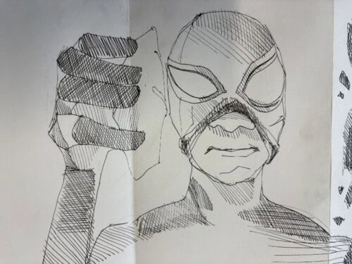 black and white sketch of a masked superhero