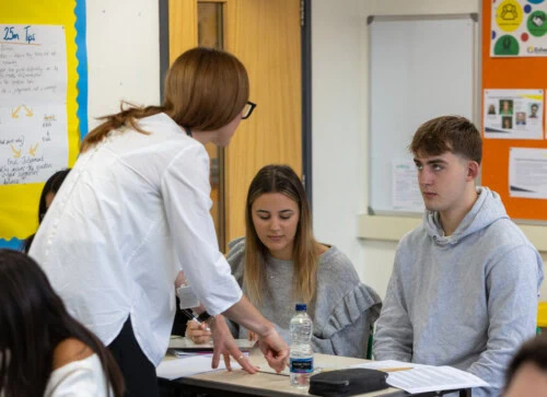 Students being taught in an Economics A level class