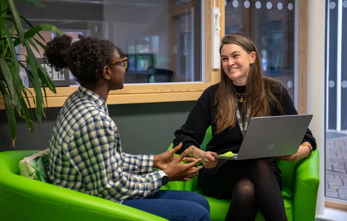 Additional Learning Needs - Jorja and Tobi chatting in Jorja's office