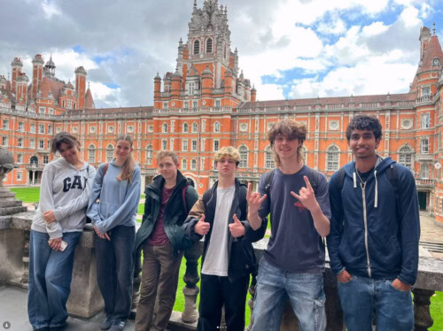 Music students outside Royal Holloway